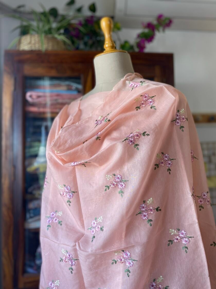 Khwahish  | خواہش | ख्वाहिश  : Soft Cotton Floral Embroidered Salwars by Ikhtirah (Orangish Peach) - Image 4