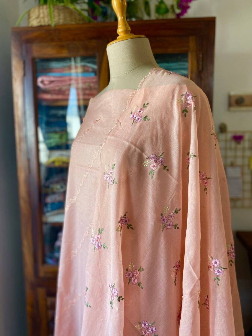 Khwahish  | خواہش | ख्वाहिश  : Soft Cotton Floral Embroidered Salwars by Ikhtirah (Orangish Peach) - Image 2