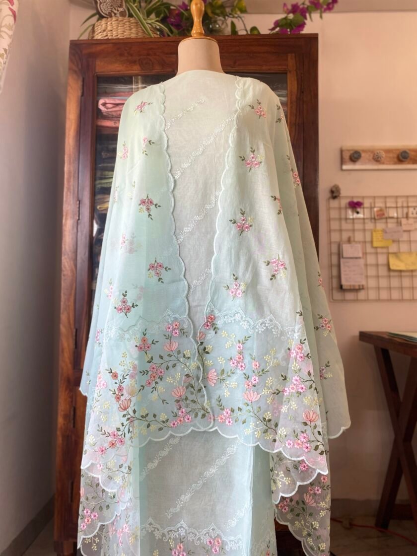 Khwahish  | خواہش | ख्वाहिश  : Soft Cotton Floral Embroidered Salwars by Ikhtirah (Sea Green)