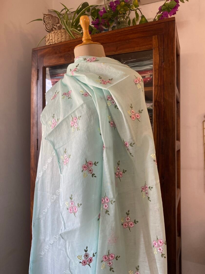 Khwahish  | خواہش | ख्वाहिश  : Soft Cotton Floral Embroidered Salwars by Ikhtirah (Sea Green) - Image 2