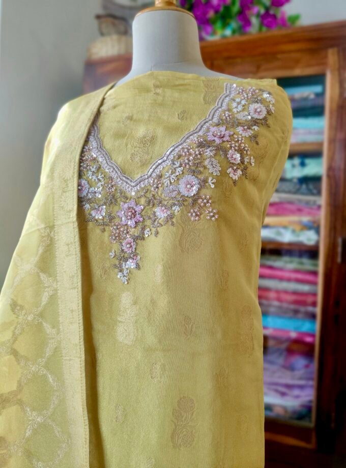 Noor | نور | नूर : Hand-Embroidered Zari Woven Tissue Salwars by Ikhtirah