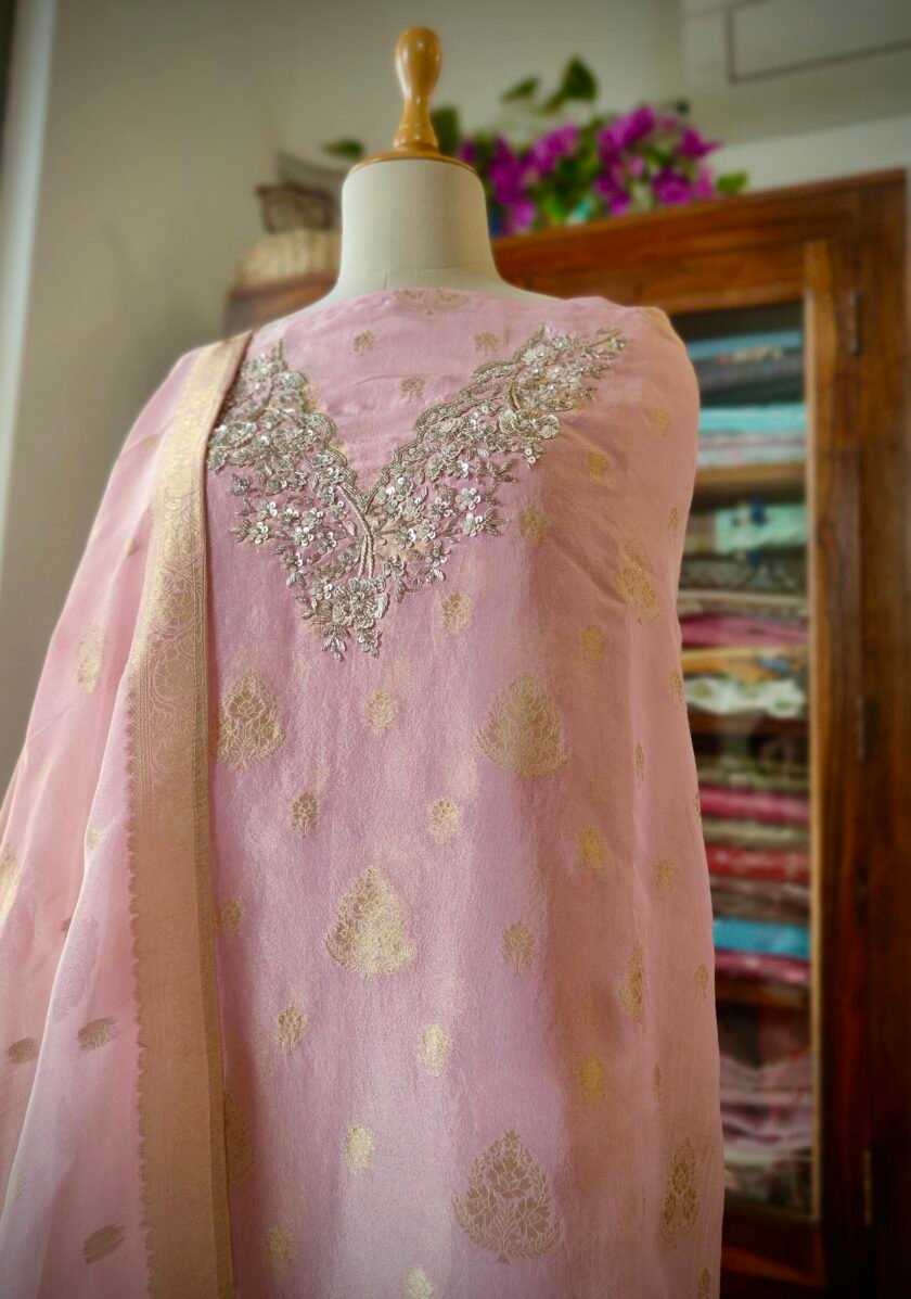 Noor | نور | नूर : Hand-Embroidered Zari Woven Tissue Salwars by Ikhtirah