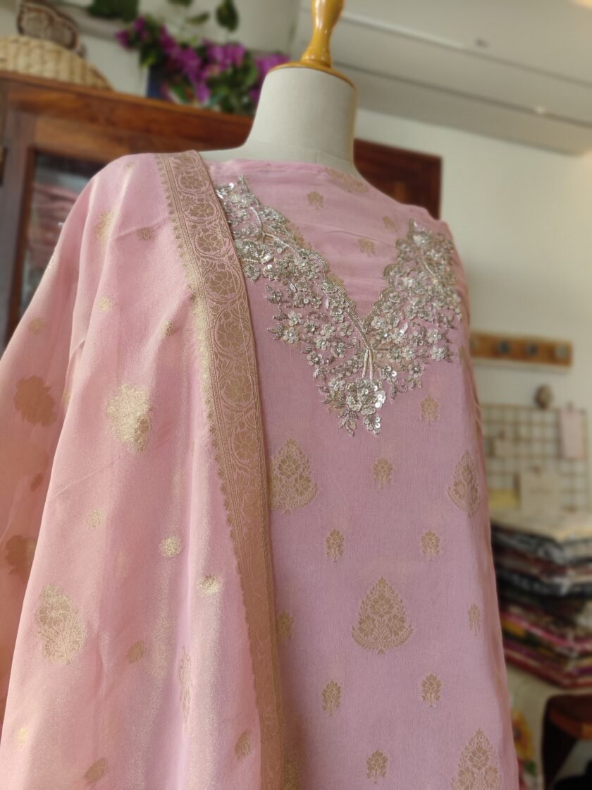 Noor | نور | नूर : Hand-Embroidered Zari Woven Tissue Salwars by Ikhtirah - Image 2