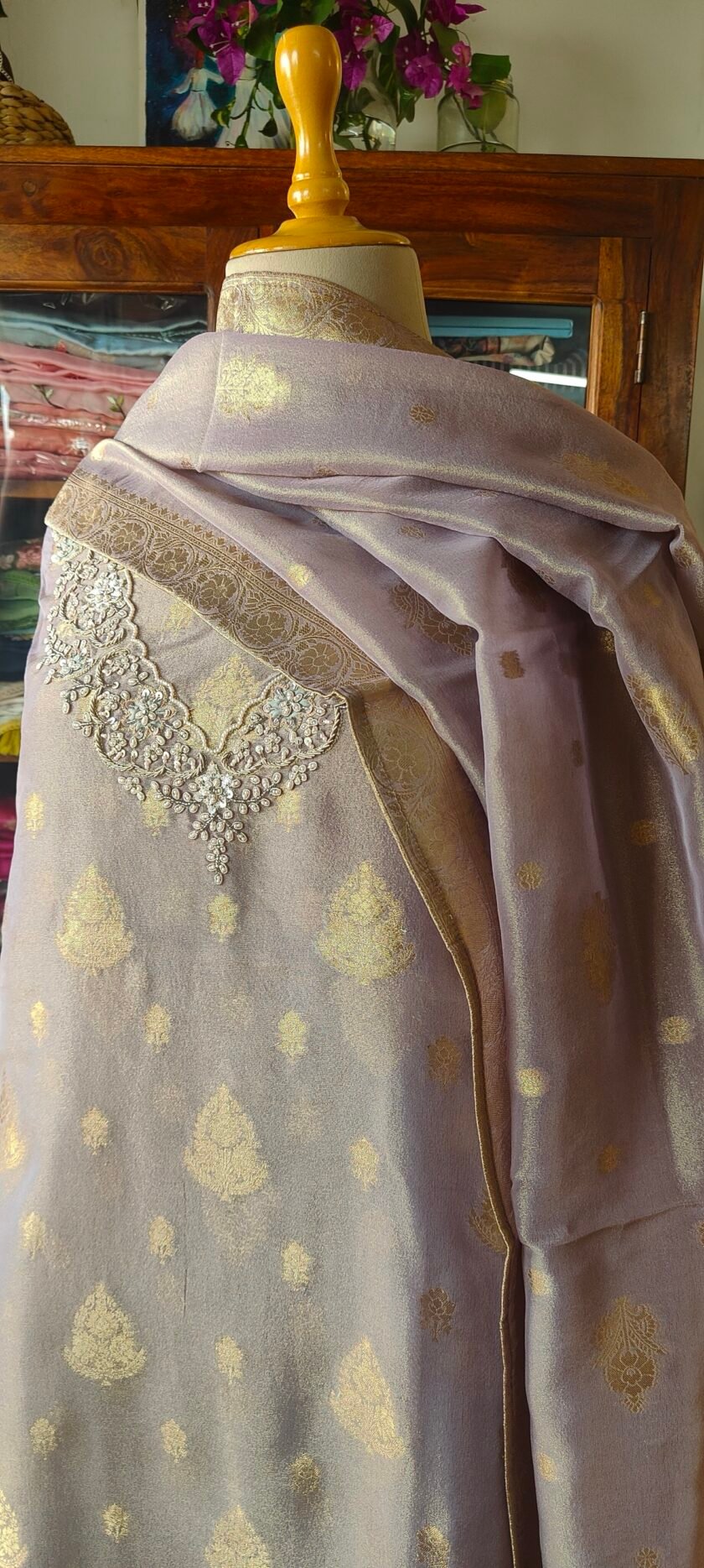 Noor | نور | नूर : Hand-Embroidered Zari Woven Tissue Salwars by Ikhtirah - Image 7