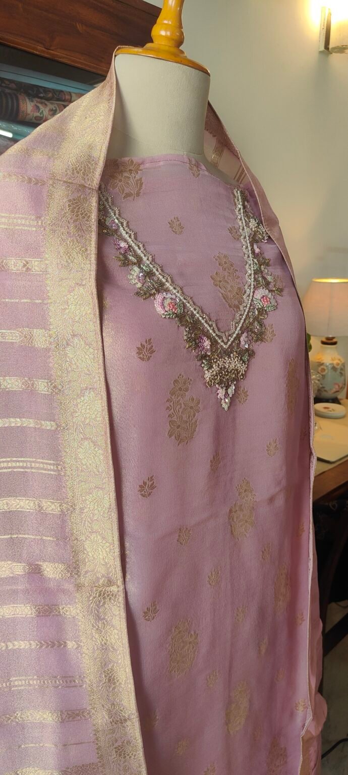 Noor | نور | नूर : Hand-Embroidered Zari Woven Tissue Salwars by Ikhtirah