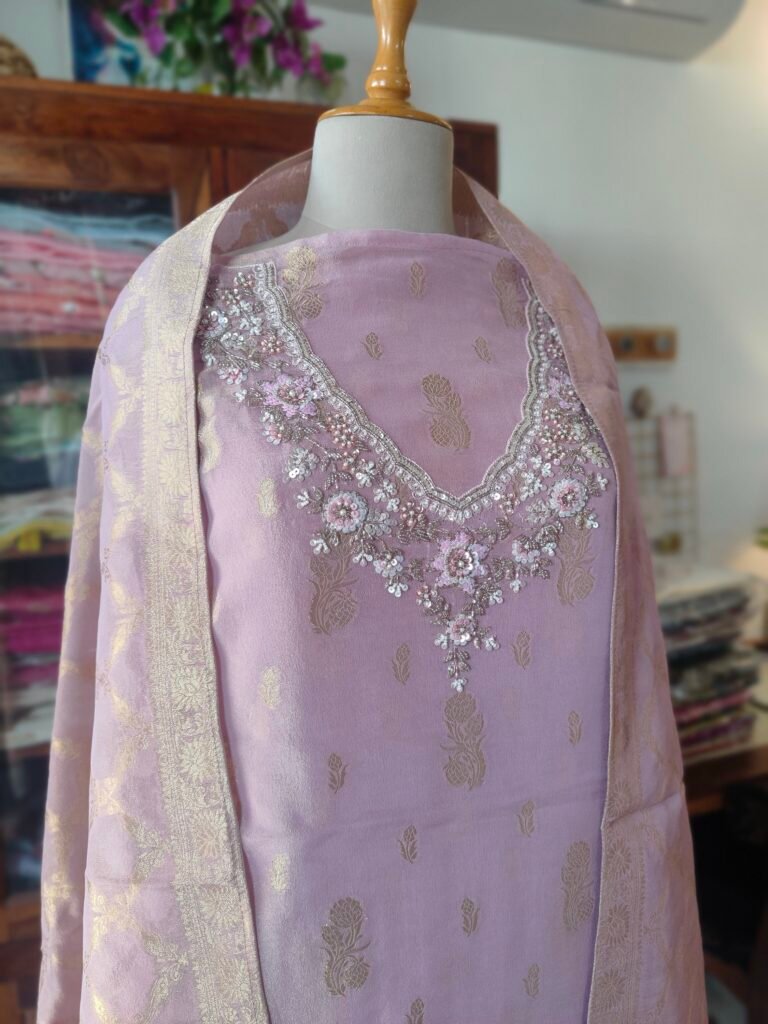 Noor | نور | नूर : Hand-Embroidered Zari Woven Tissue Salwars by Ikhtirah