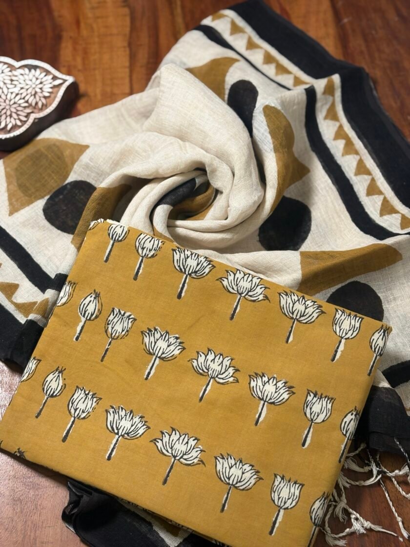 Kalaa :  Natural Dye HandBlock Pure Cotton - Pure Linen Kurta Dupatta by Ikhtirah
