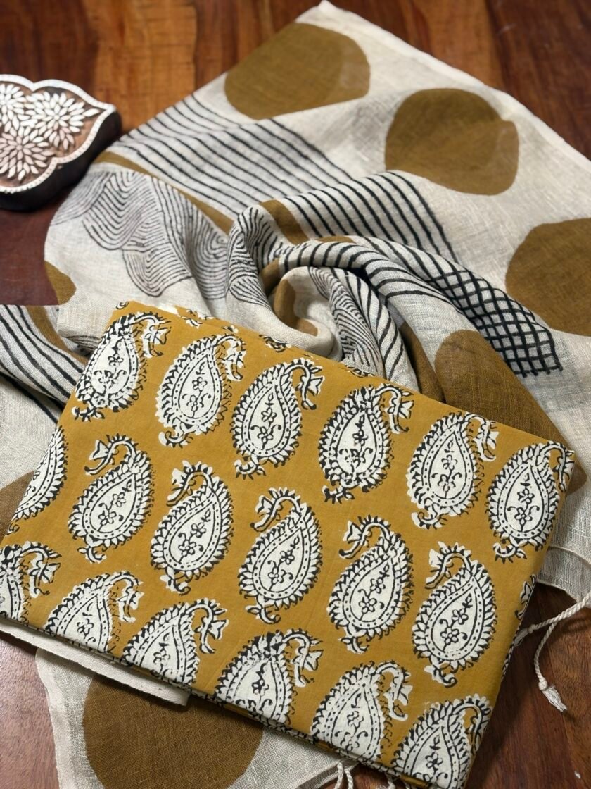 Kalaa :  Natural Dye HandBlock Pure Cotton - Pure Linen Kurta Dupatta by Ikhtirah