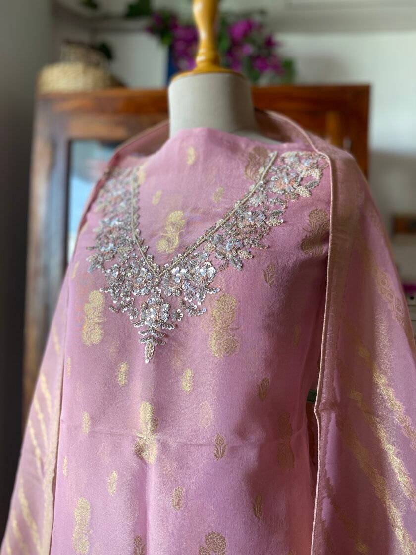 Noor | نور | नूर : Hand-Embroidered Zari Woven Tissue Salwars by Ikhtirah