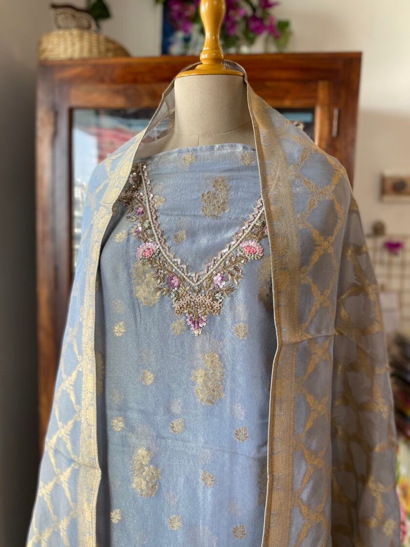 Noor | نور | नूर : Hand-Embroidered Zari Woven Tissue Salwars by Ikhtirah