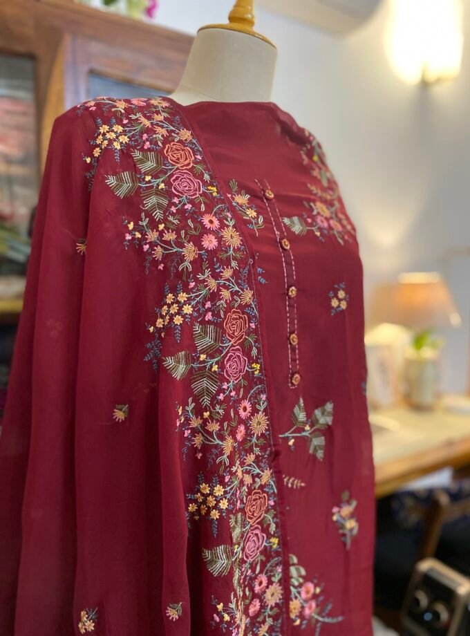 Aarab | عرب | आराब (Maroon) : Embroidered Organza Salwar with lining by Ikhtirah