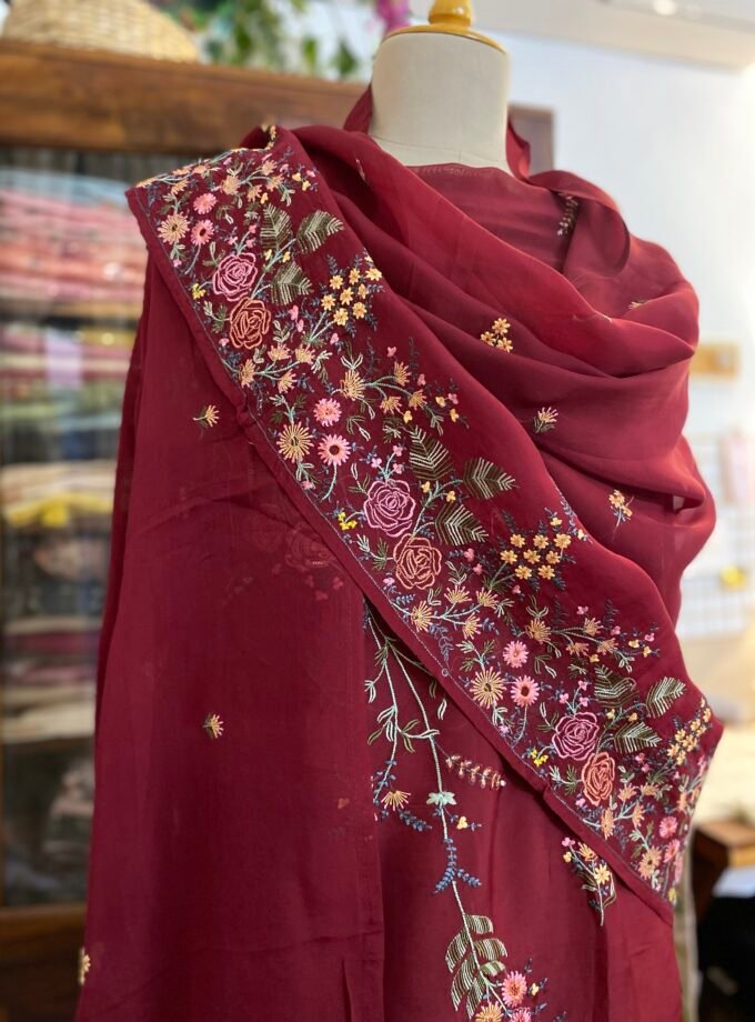 Aarab | عرب | आराब (Maroon) : Embroidered Organza Salwar with lining by Ikhtirah