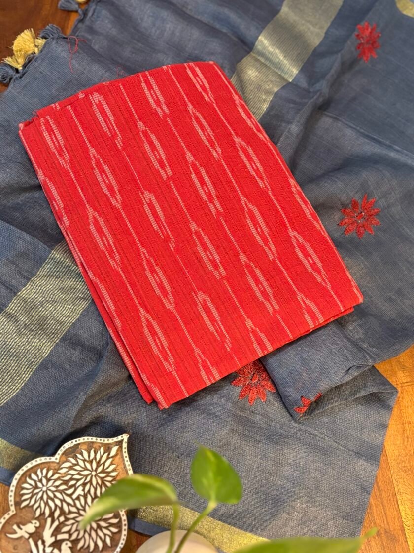 Kalaa : Pure Cotton Woven Ikkat Kurti - Embroidered Linen Dupatta by Ikhtirah (Red-Blue)