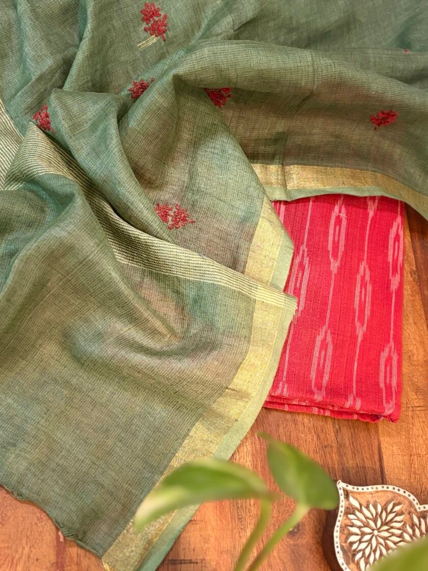 Kalaa : Pure Cotton Woven Ikkat Kurti - Embroidered Linen Dupatta by Ikhtirah (Red-Green)