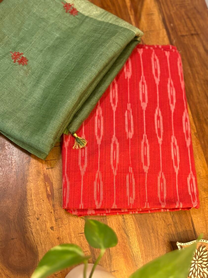 Kalaa : Pure Cotton Woven Ikkat Kurti - Embroidered Linen Dupatta by Ikhtirah (Red-Green) - Image 4