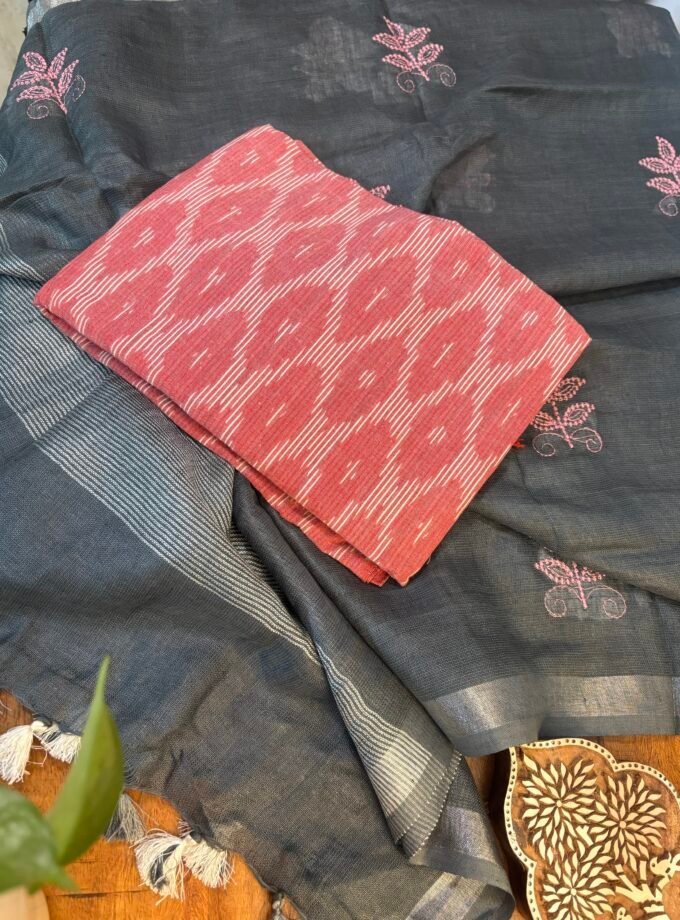 Kalaa : Pure Cotton Woven Ikkat Kurti - Embroidered Linen Dupatta by Ikhtirah (Pink-Grey)