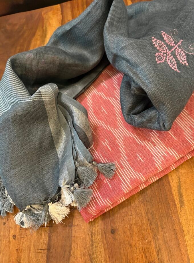 Kalaa : Pure Cotton Woven Ikkat Kurti - Embroidered Linen Dupatta by Ikhtirah (Pink-Grey)