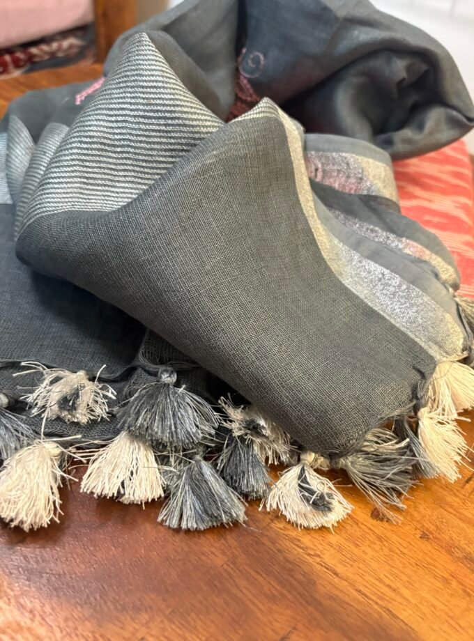 Kalaa : Pure Cotton Woven Ikkat Kurti - Embroidered Linen Dupatta by Ikhtirah (Pink-Grey)