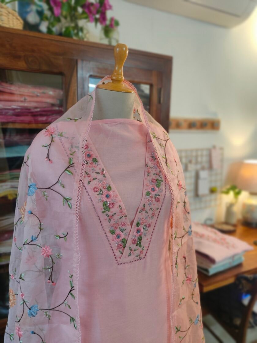 Hoor – Luxury Pure Soft Chanderi Cotton Handworked and Embroidered Salwar Kameez Set by Ikhtirah (pink) - Image 2