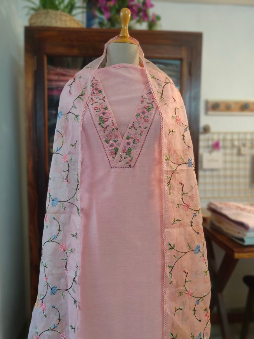 Hoor – Luxury Pure Soft Chanderi Cotton Handworked and Embroidered Salwar Kameez Set by Ikhtirah (pink)