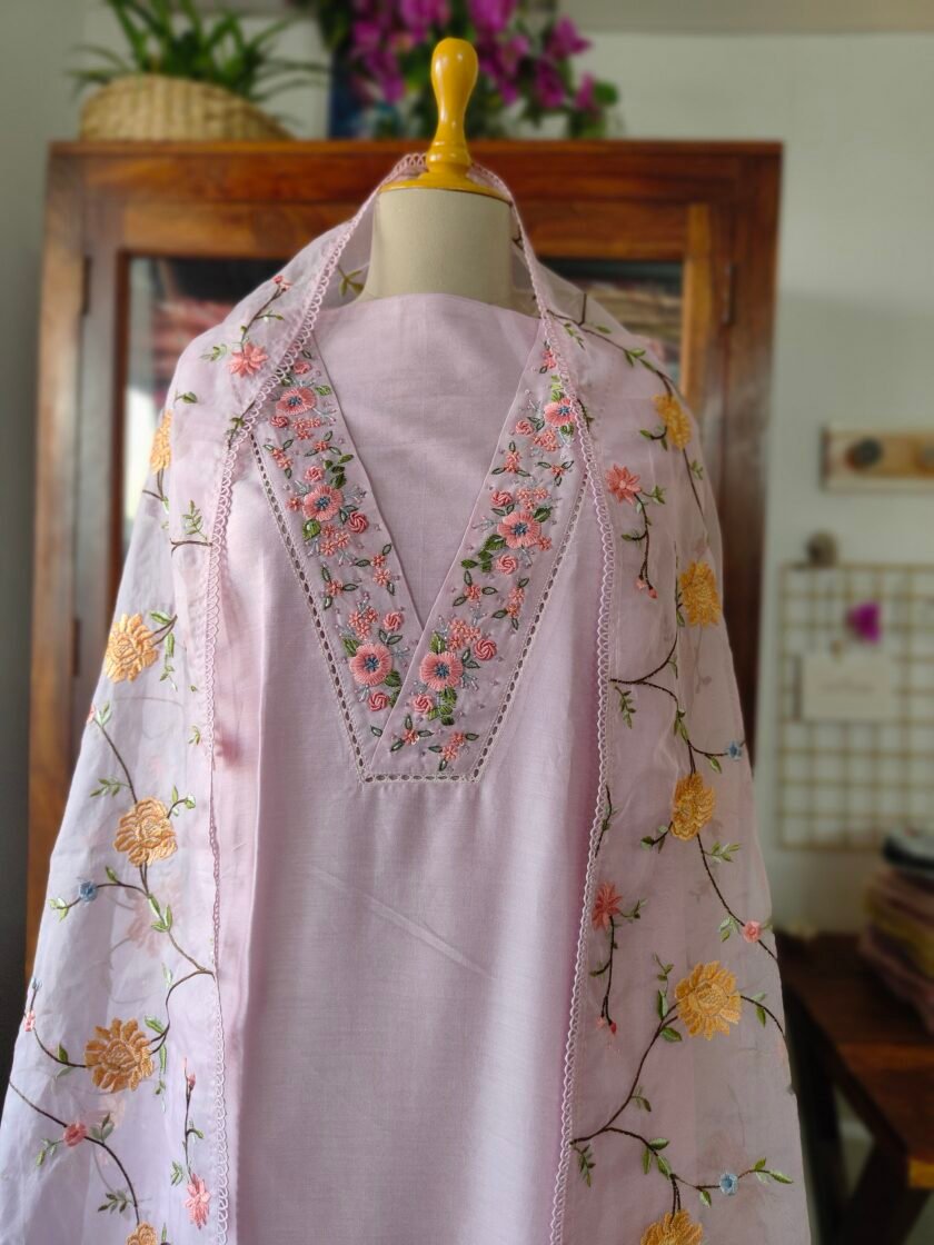 Hoor – Luxury Pure Soft Chanderi Cotton Handworked and Embroidered Salwar Kameez Set by Ikhtirah (Lavender)