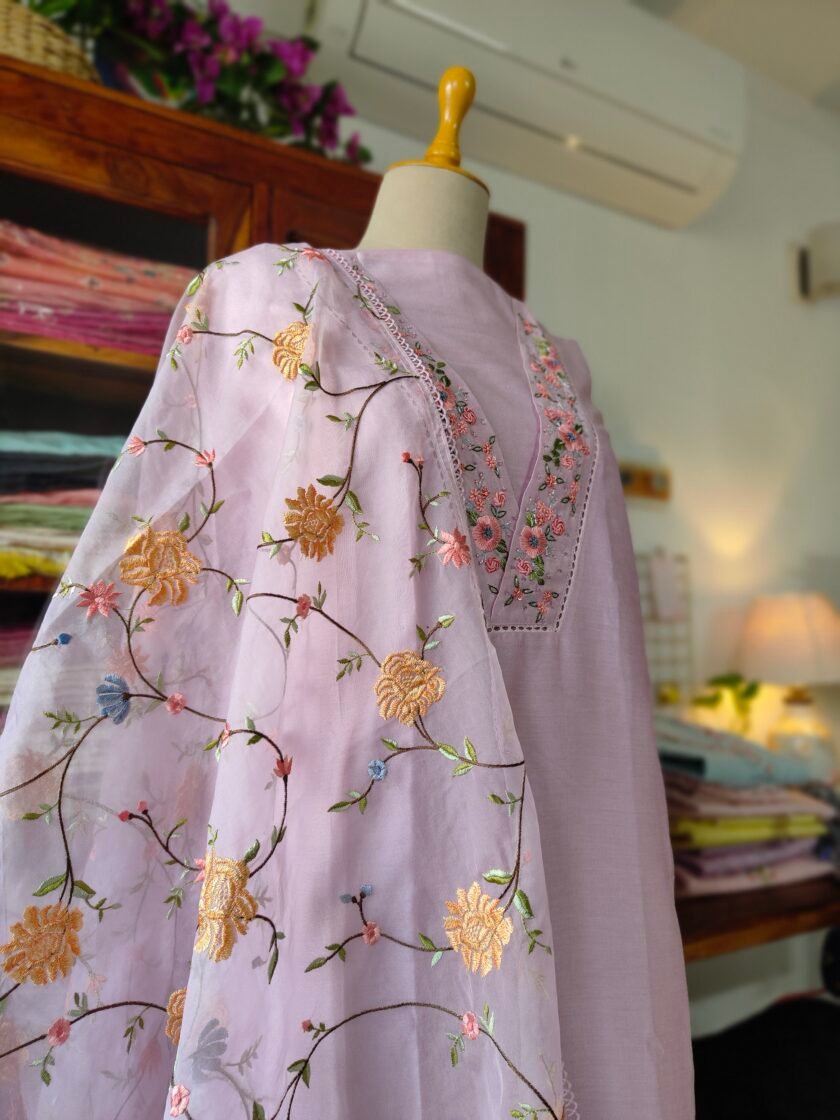 Hoor – Luxury Pure Soft Chanderi Cotton Handworked and Embroidered Salwar Kameez Set by Ikhtirah (Lavender) - Image 2