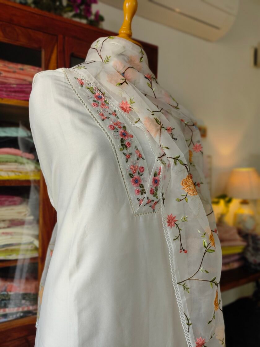 Hoor – Luxury Pure Soft Chanderi Cotton Handworked and Embroidered Salwar Kameez Set by Ikhtirah (white) - Image 9