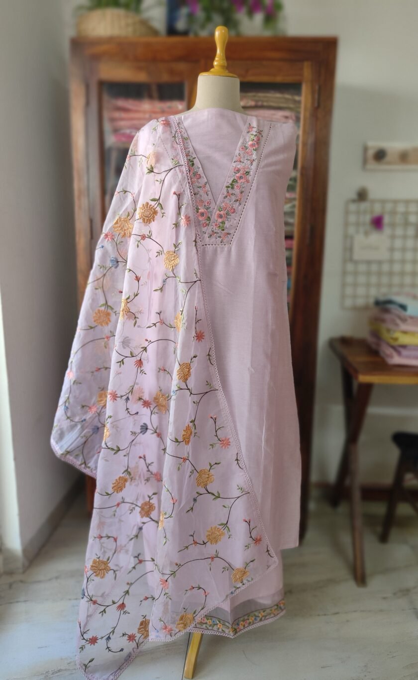 Hoor – Luxury Pure Soft Chanderi Cotton Handworked and Embroidered Salwar Kameez Set by Ikhtirah (Lavender) - Image 3