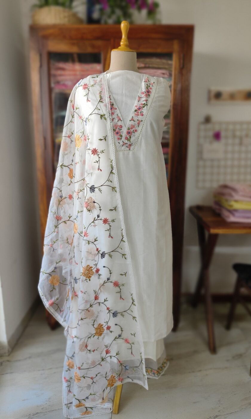 Hoor – Luxury Pure Soft Chanderi Cotton Handworked and Embroidered Salwar Kameez Set by Ikhtirah (white) - Image 2