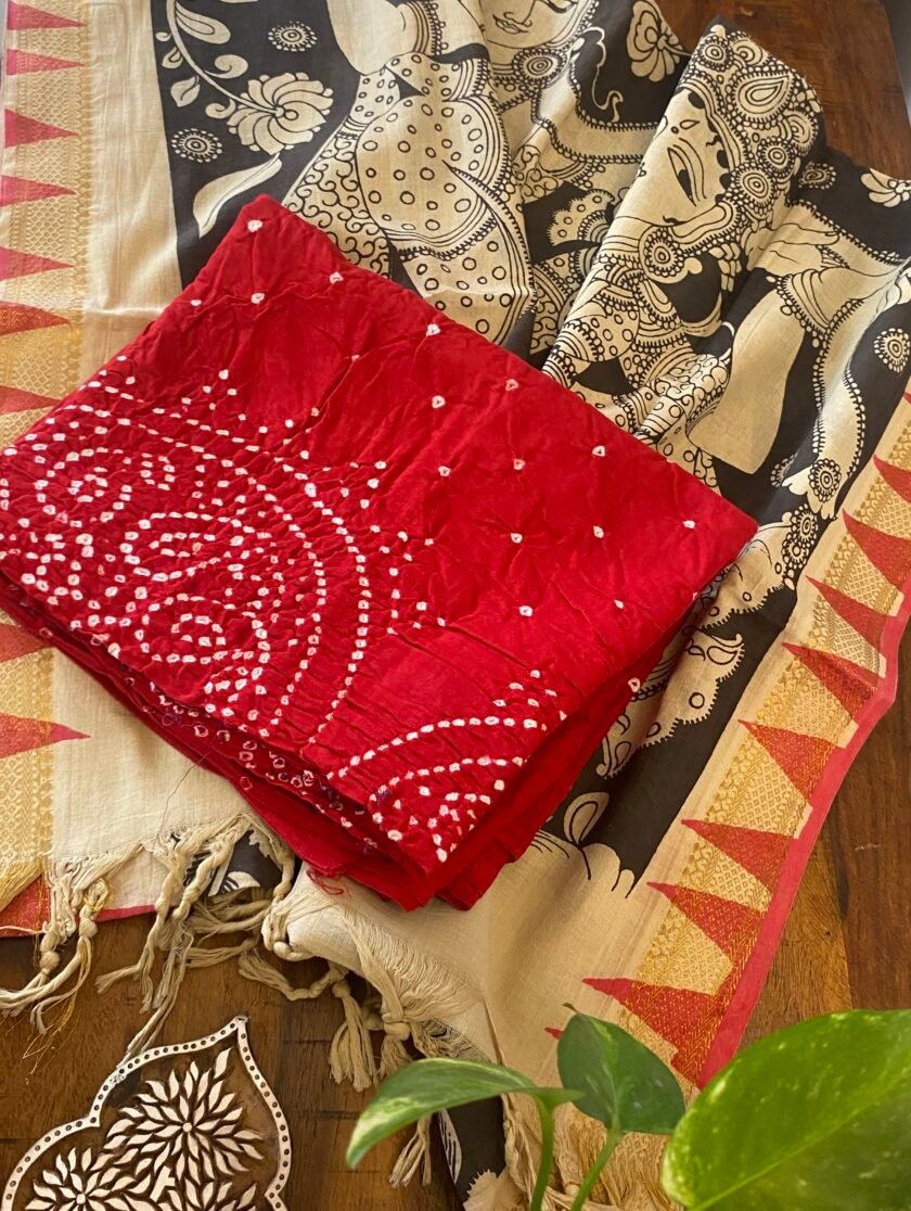 Kalaa : Authentic Handcrafted Pen Kalamkari Dupatta paired with Bareek Bandhej Kurta Fabric by Ikhtirah