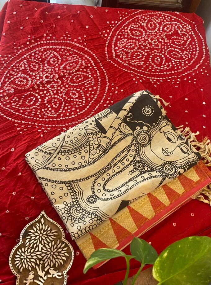 Kalaa : Authentic Handcrafted Kalamkari Dupatta paired with Bareek Bandhej Kurta Fabric by Ikhtirah