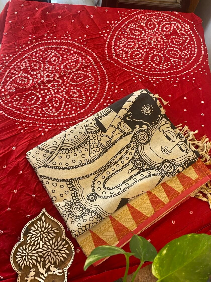 Kalaa : Authentic Handcrafted Pen Kalamkari Dupatta paired with Bareek Bandhej Kurta Fabric by Ikhtirah - Image 2