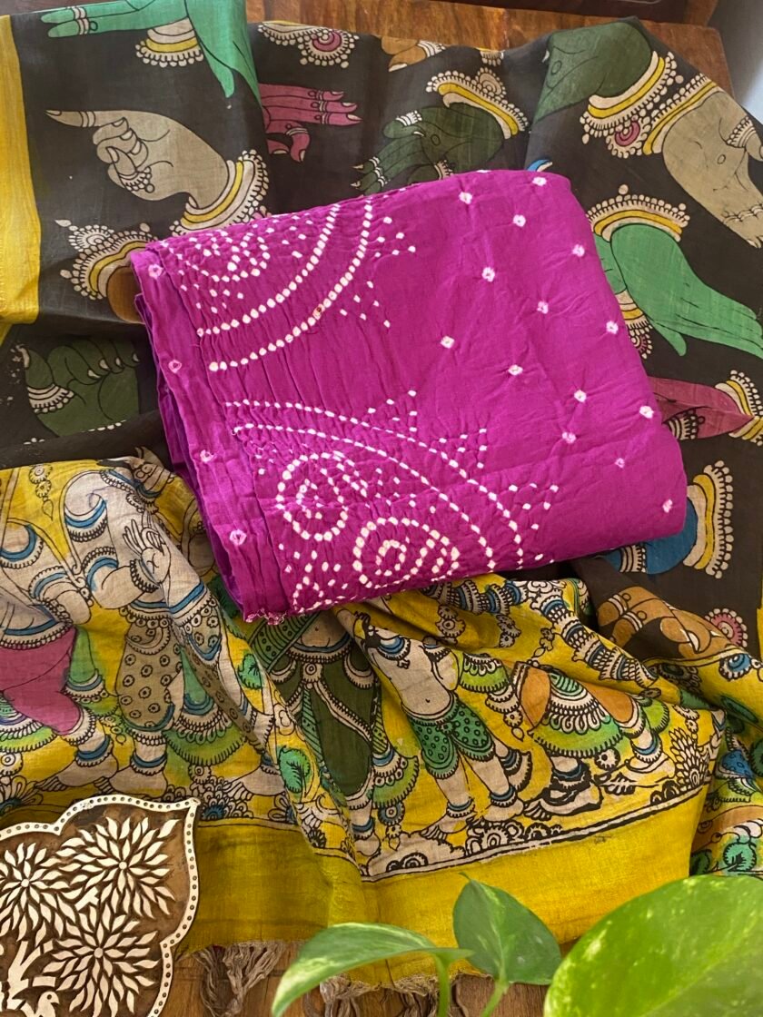 Kalaa : Authentic Handcrafted Pen Kalamkari Dupatta paired with Bareek Bandhej Kurta Fabric by Ikhtirah