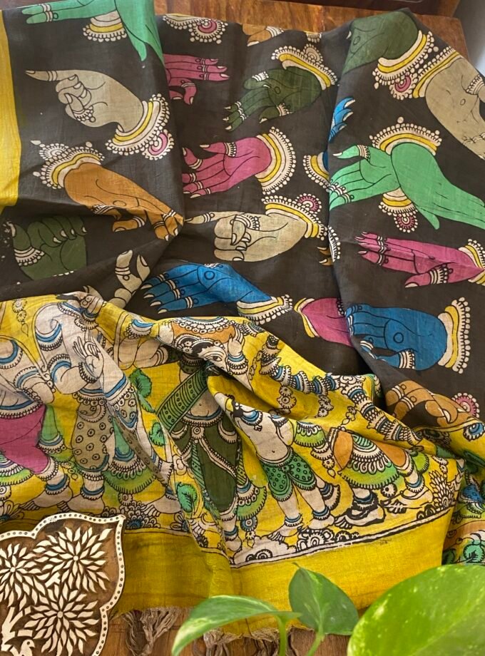 Kalaa : Authentic Handcrafted Pen Kalamkari Dupatta paired with Bareek Bandhej Kurta Fabric by Ikhtirah