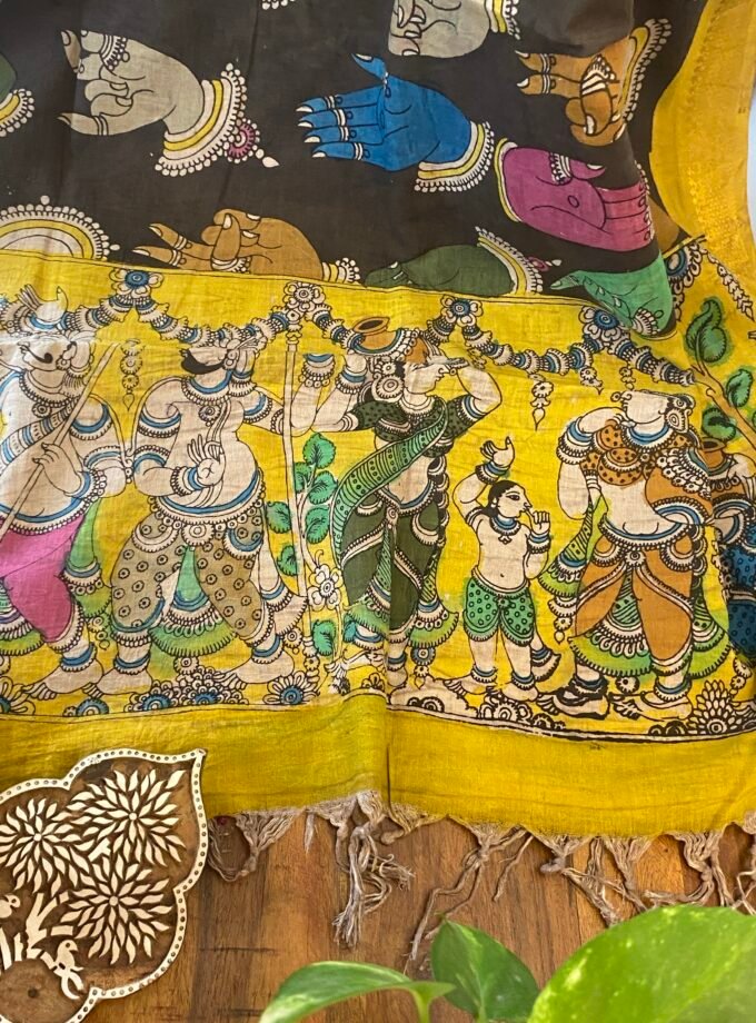 Kalaa : Authentic Handcrafted Pen Kalamkari Dupatta paired with Bareek Bandhej Kurta Fabric by Ikhtirah