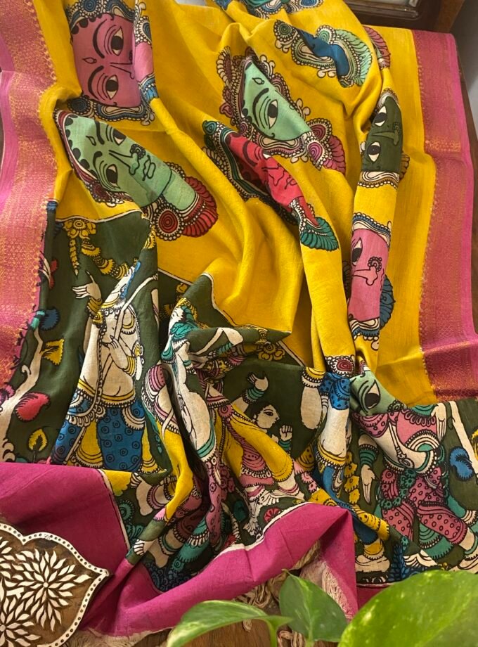 Kalaa : Authentic Handcrafted Pen Kalamkari Dupatta paired with Bareek Bandhej Kurta Fabric by Ikhtirah