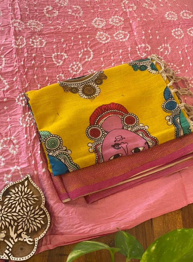 Kalaa : Authentic Handcrafted Pen Kalamkari Dupatta paired with Bareek Bandhej Kurta Fabric by Ikhtirah