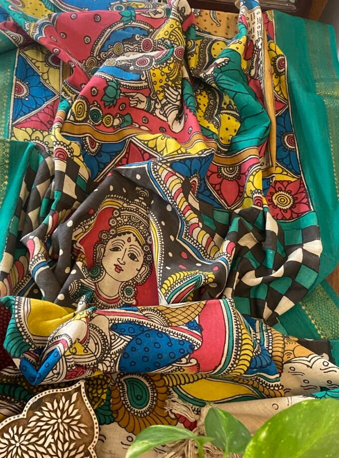 Kalaa : Authentic Handcrafted Pen Kalamkari Dupatta paired with Bareek Bandhej Kurta Fabric by Ikhtirah