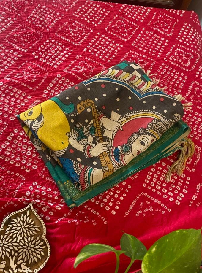 Kalaa : Authentic Handcrafted Pen Kalamkari Dupatta paired with Bareek Bandhej Kurta Fabric by Ikhtirah