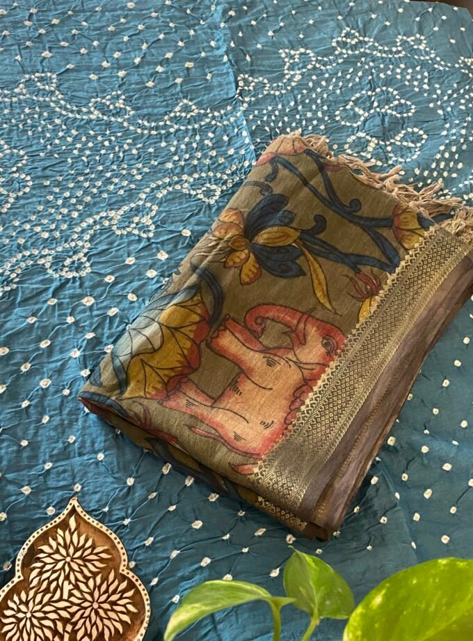 Kalaa : Authentic Handcrafted Pen Kalamkari Dupatta paired with Bareek Bandhej Kurta Fabric by Ikhtirah