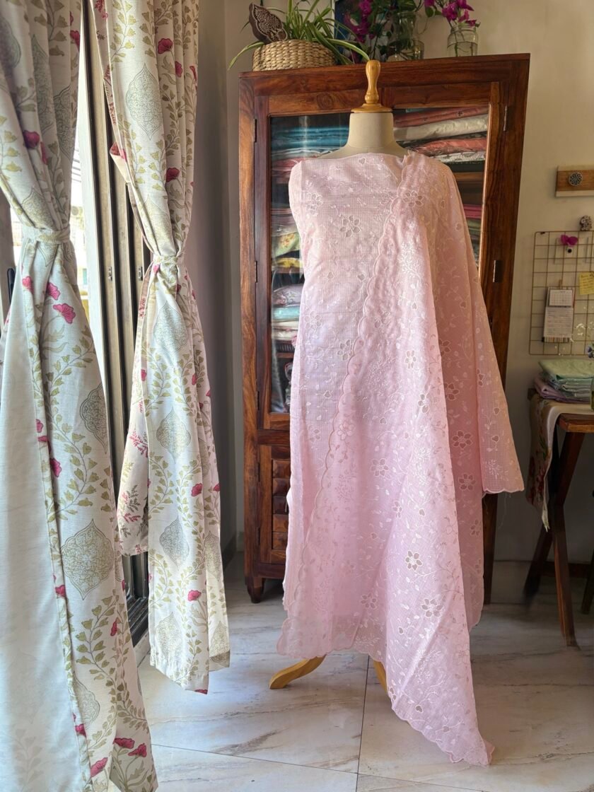 Sukoon | सुकून | سكون : Embroidered Pastel Cotton Checked Salwars by Ikhtirah (Pink) - Image 6