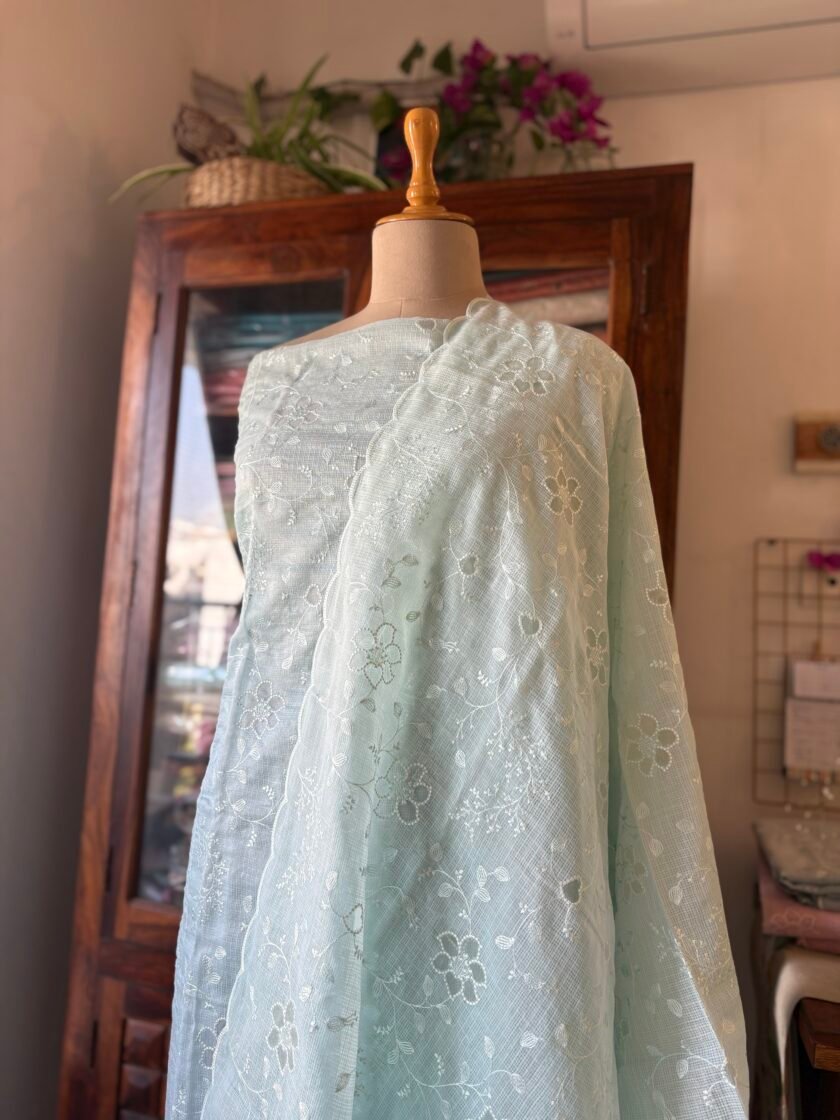 Sukoon | सुकून | سكون : Self Embroidered Pastel Cotton Checked Salwars by Ikhtirah (Sea) - Image 2