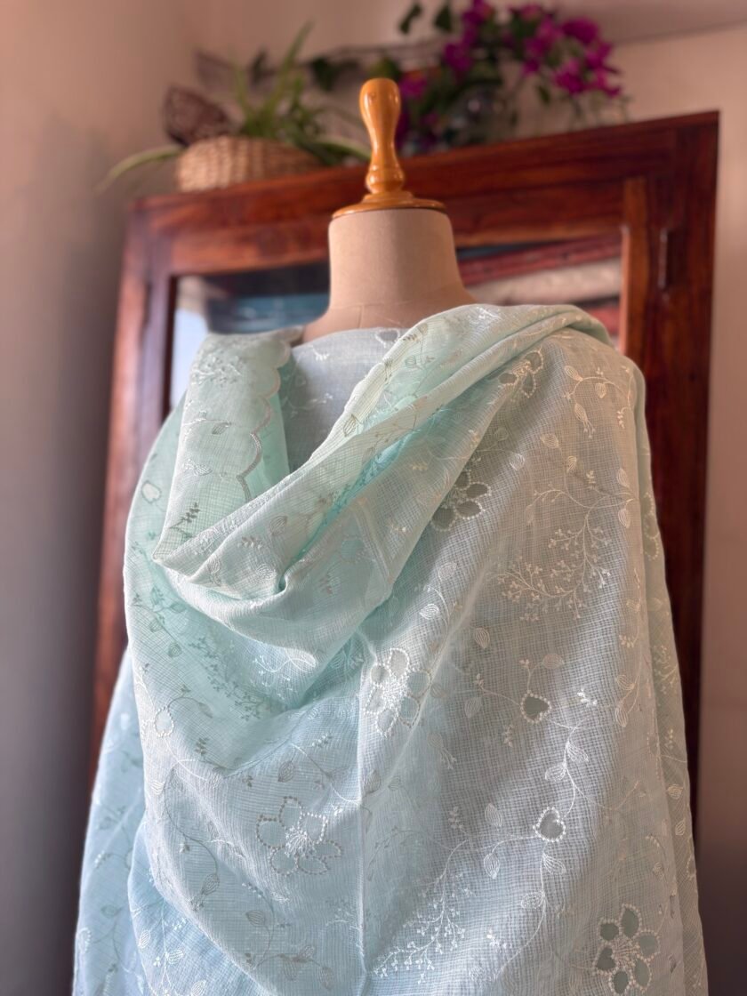 Sukoon | सुकून | سكون : Self Embroidered Pastel Cotton Checked Salwars by Ikhtirah (Sea)