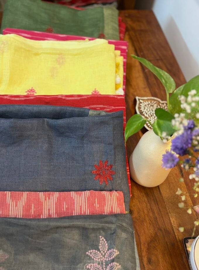 Kalaa : Pure Cotton Woven Ikkat Kurti - Embroidered Linen Dupatta by Ikhtirah (Pink-Grey)