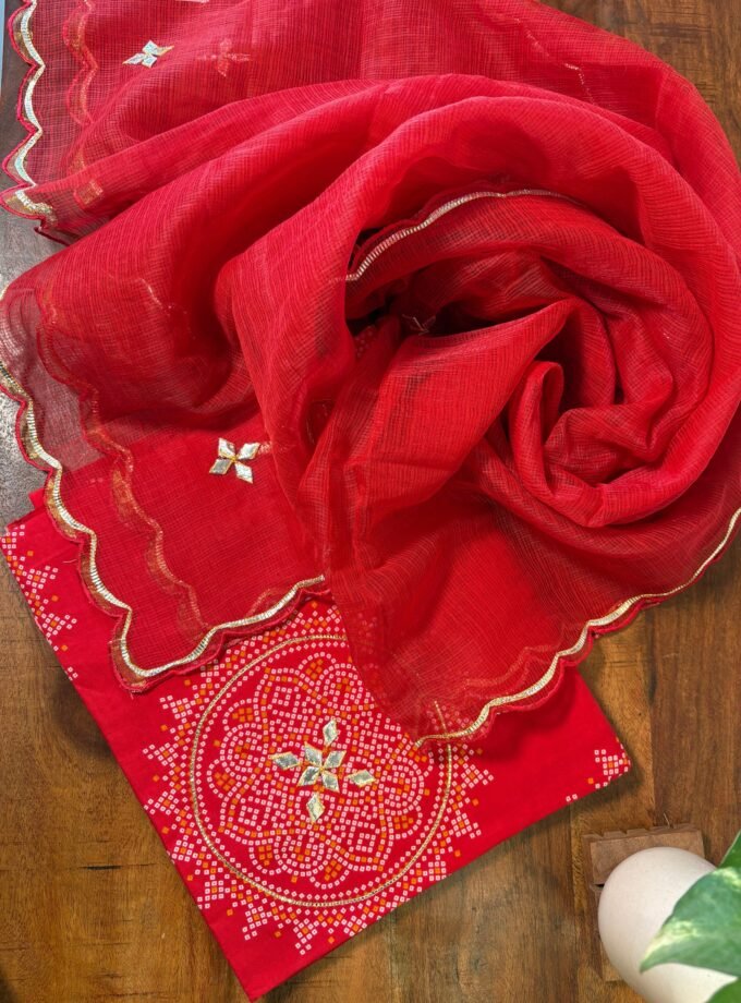 Hand gota worked bandhni printed kurta and Kota dupatta by Ikhtirah (Red)