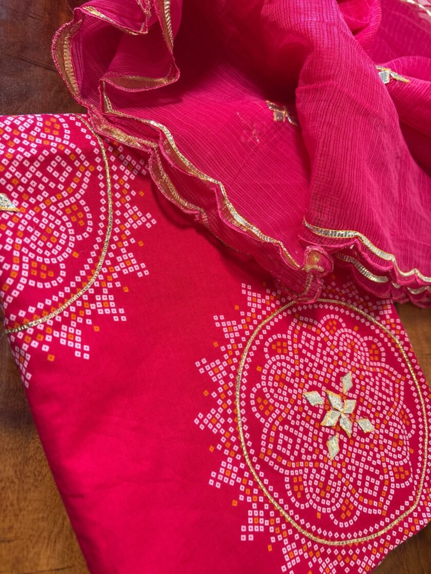 Hand gota worked bandhni printed kurta and Kota dupatta by Ikhtirah (Pink) - Image 2