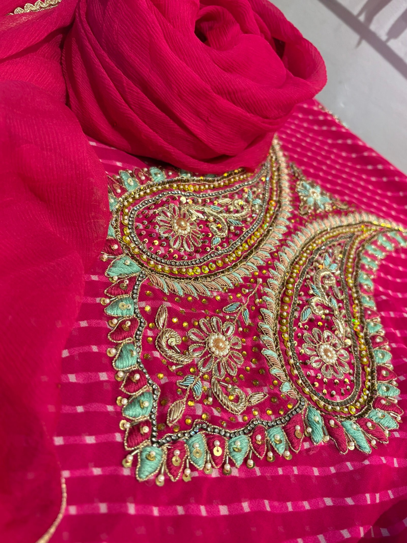 Hand Embroidered Leheriya Georgette Salwar by Ikhtirah - Image 5