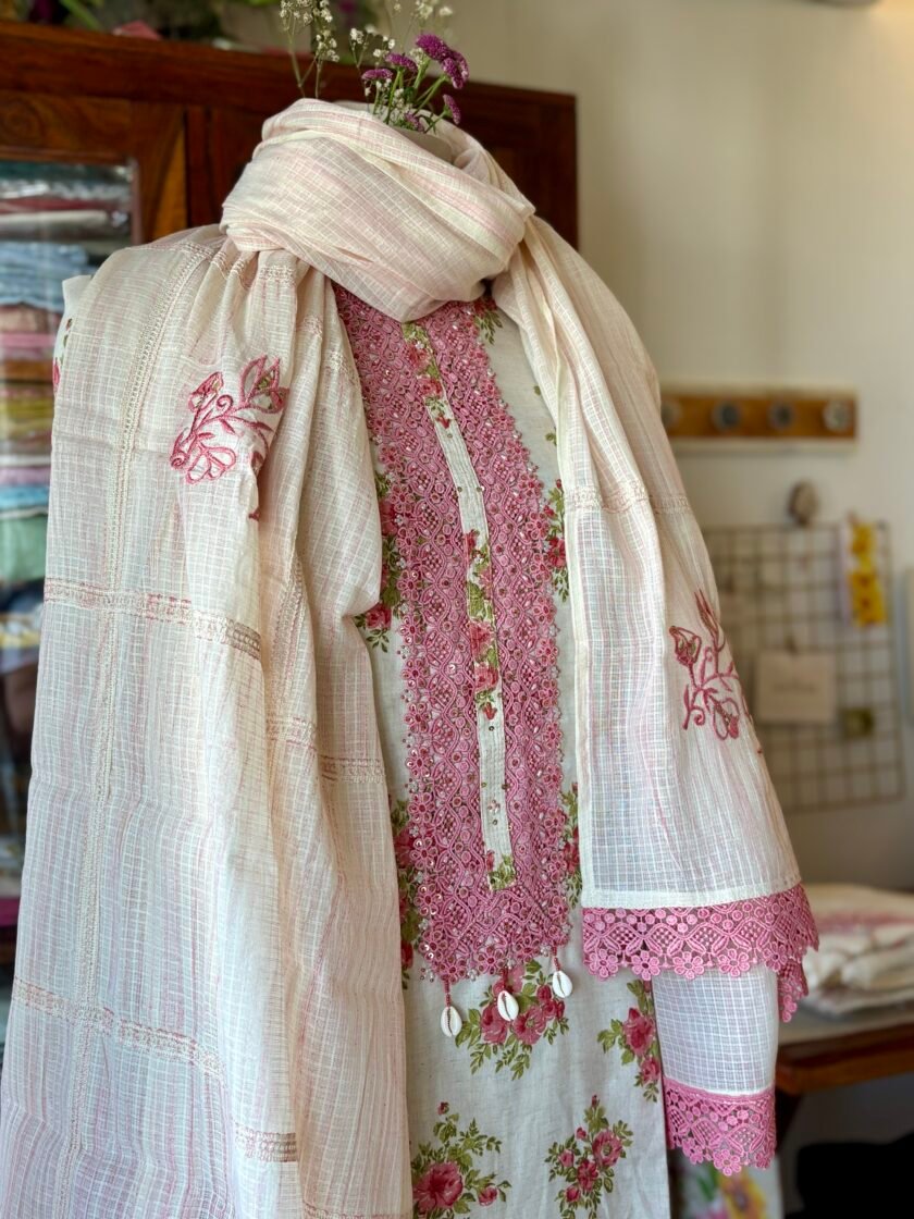 Appliqué worked Pure Soft Khadi Cotton with lace detailed Salwars by Ikhtirah