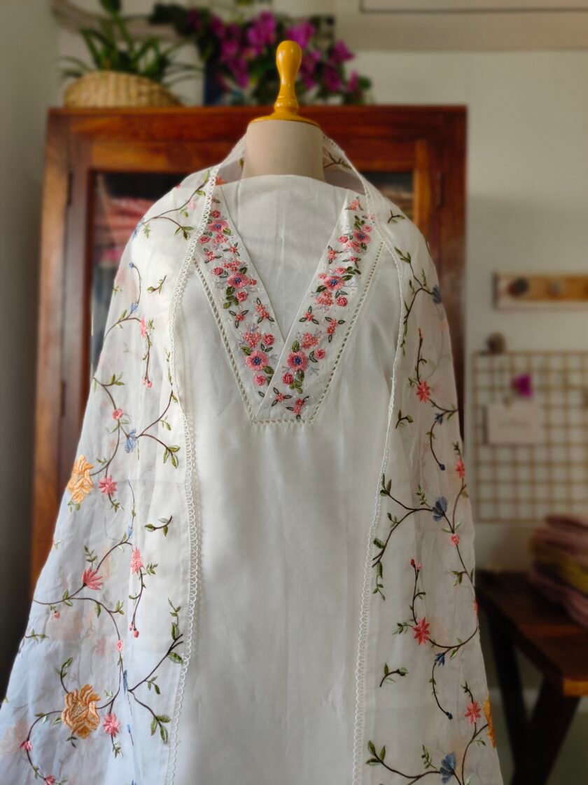 Hoor – Luxury Pure Soft Chanderi Cotton Handworked and Embroidered Salwar Kameez Set by Ikhtirah (white)