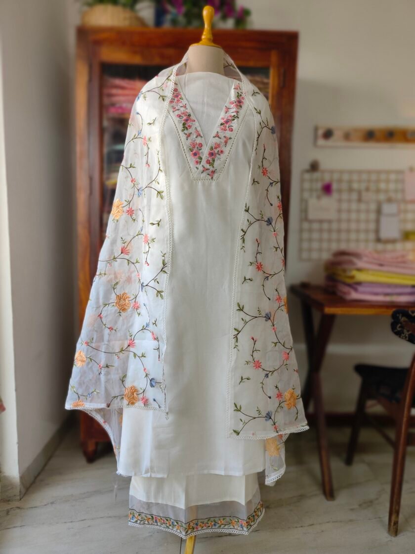 Hoor – Luxury Pure Soft Chanderi Cotton Handworked and Embroidered Salwar Kameez Set by Ikhtirah (white) - Image 3